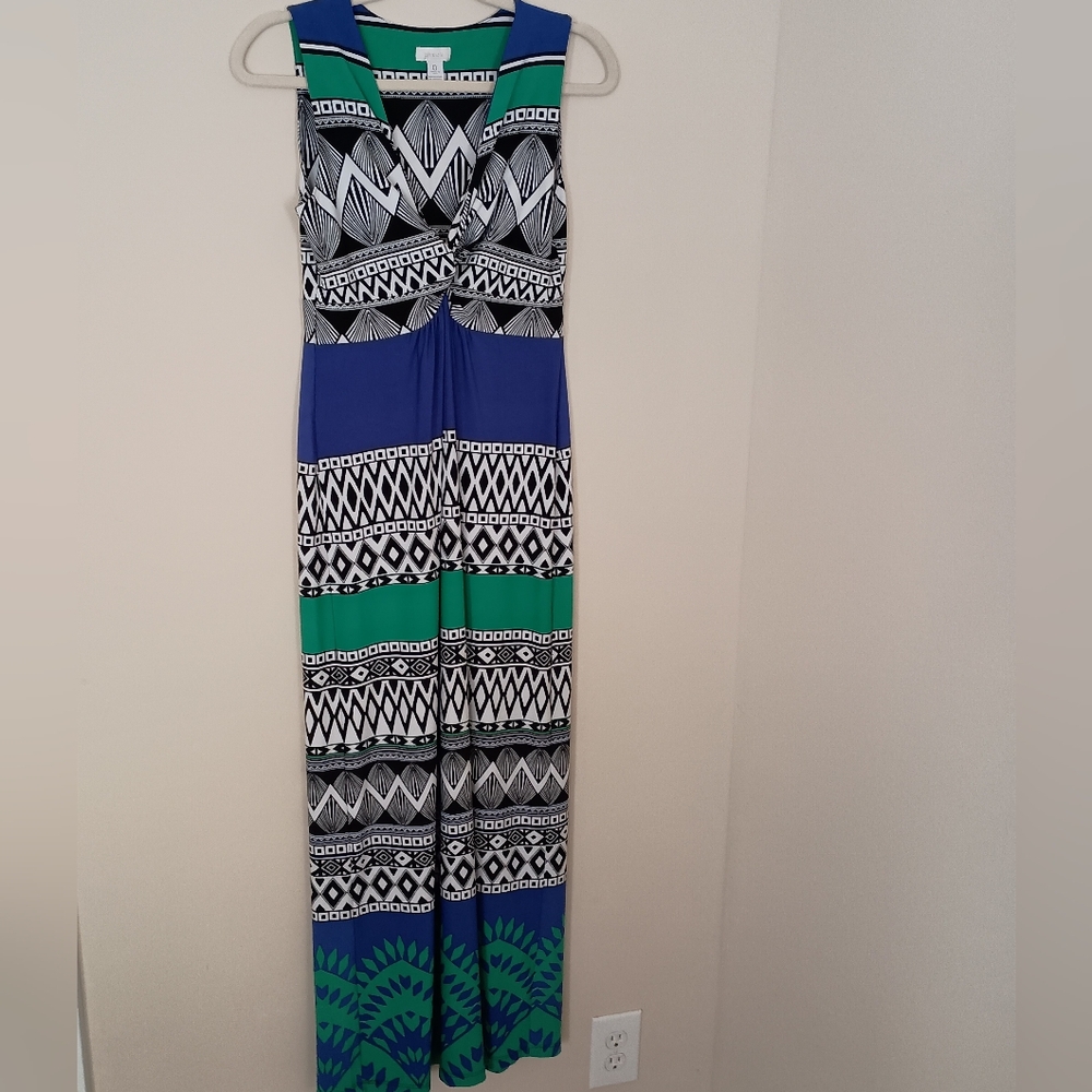 Chico Tribal Print Maxi Dress Blue Green‎ Womens Size Small Boho Festival Travel
